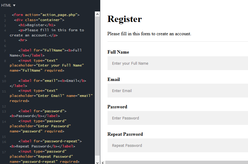 HTML code to create a form (Registration, Login or Contact form)